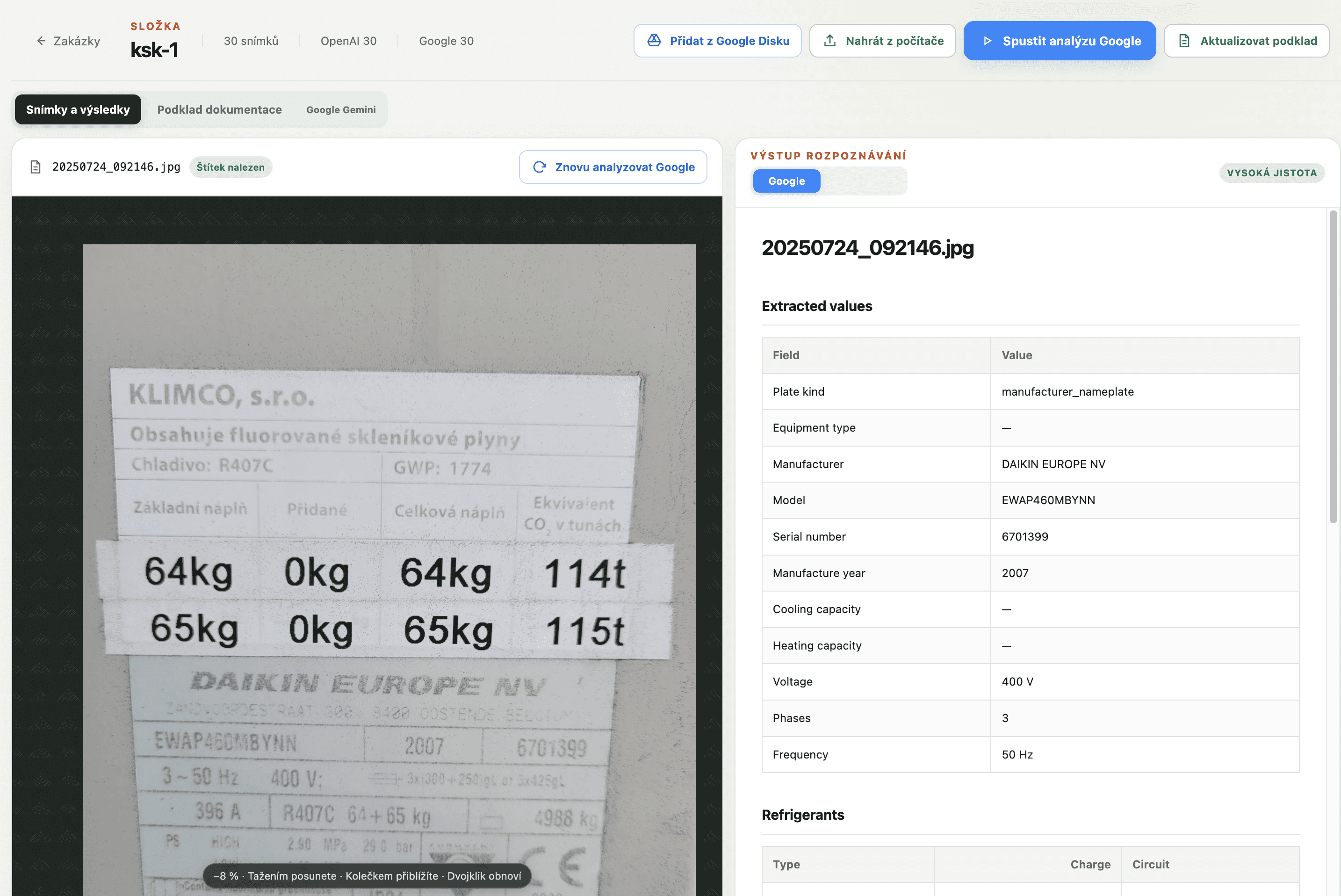 KSK equipment-label photograph beside extracted technical fields