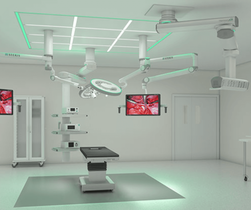 STERIS operating-room environment with ceiling-mounted equipment and video displays