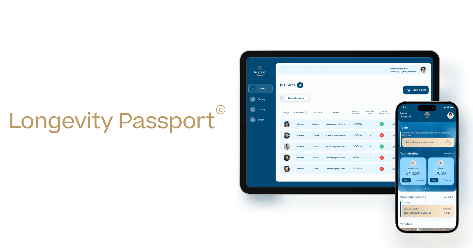 Longevity Passport preview showing the clinic dashboard and mobile client experience